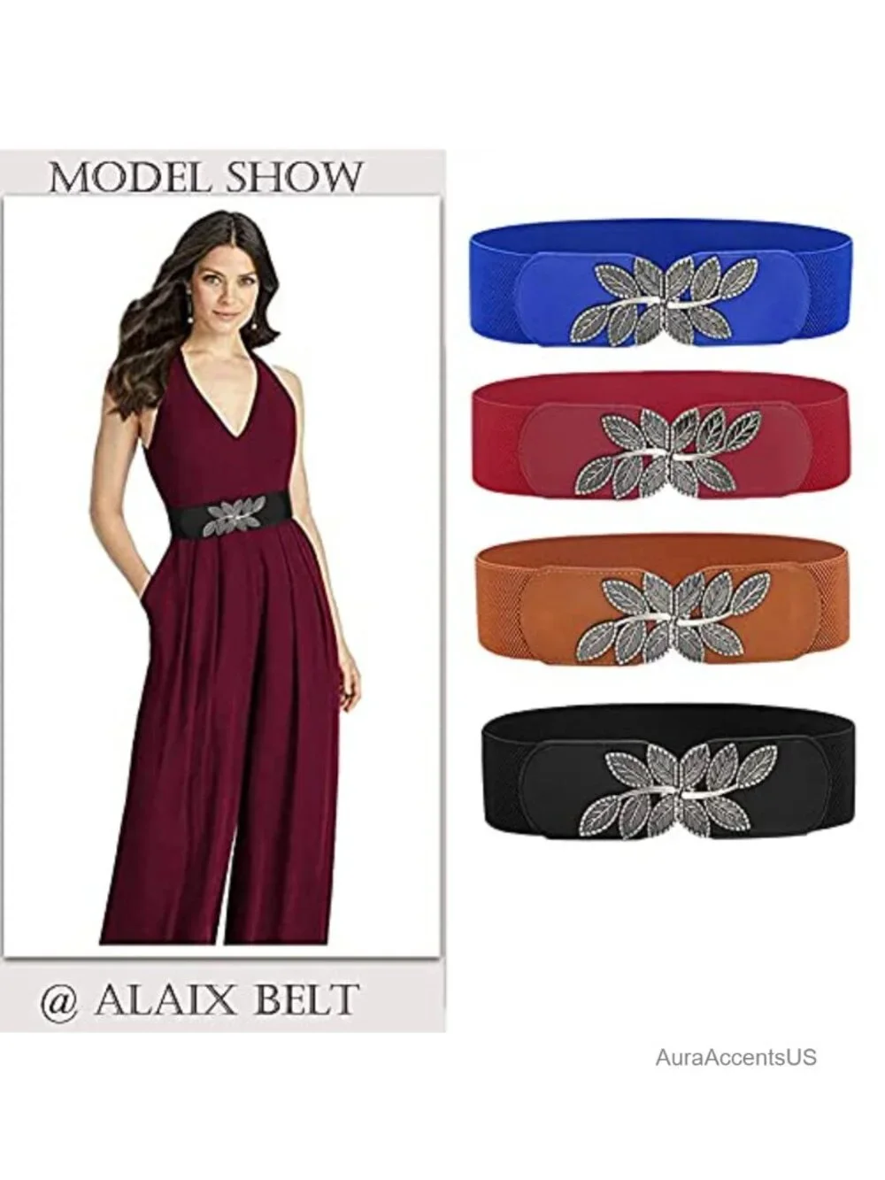 Stretchy Waist Belt with Gold/Silver Leaf Buckle